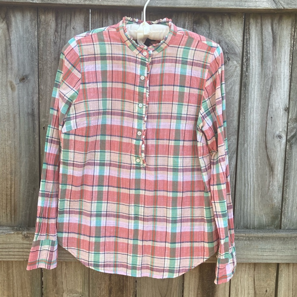 J. Crew peach plaid blouse